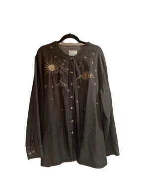 Vintage Quacker Factory Women’s Button Up Dark Denim Shirt Celestial Size 3X